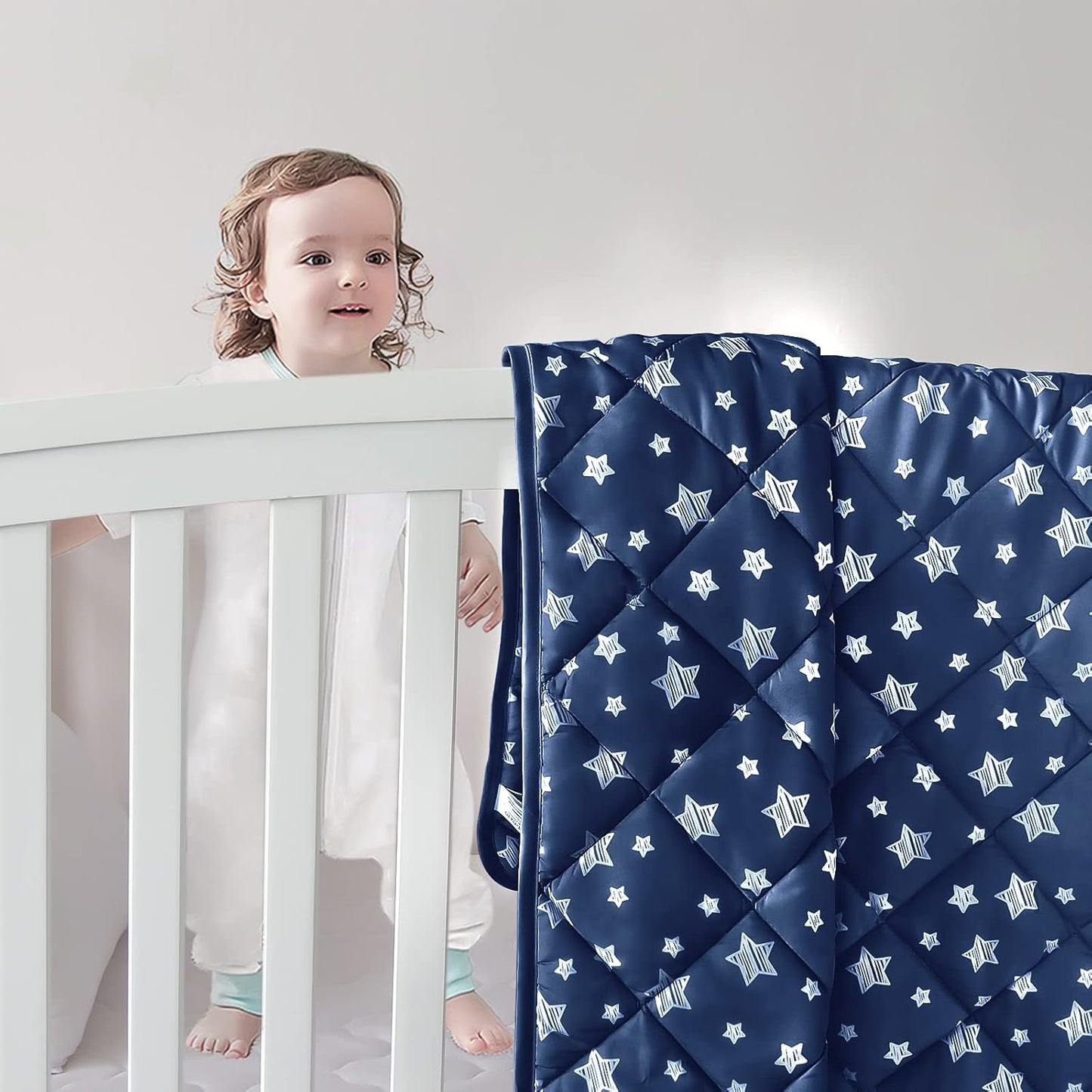 Baby Blanket, Toddler Comforter Quilted with Navy Star Print, Microfiber, 39''x47''