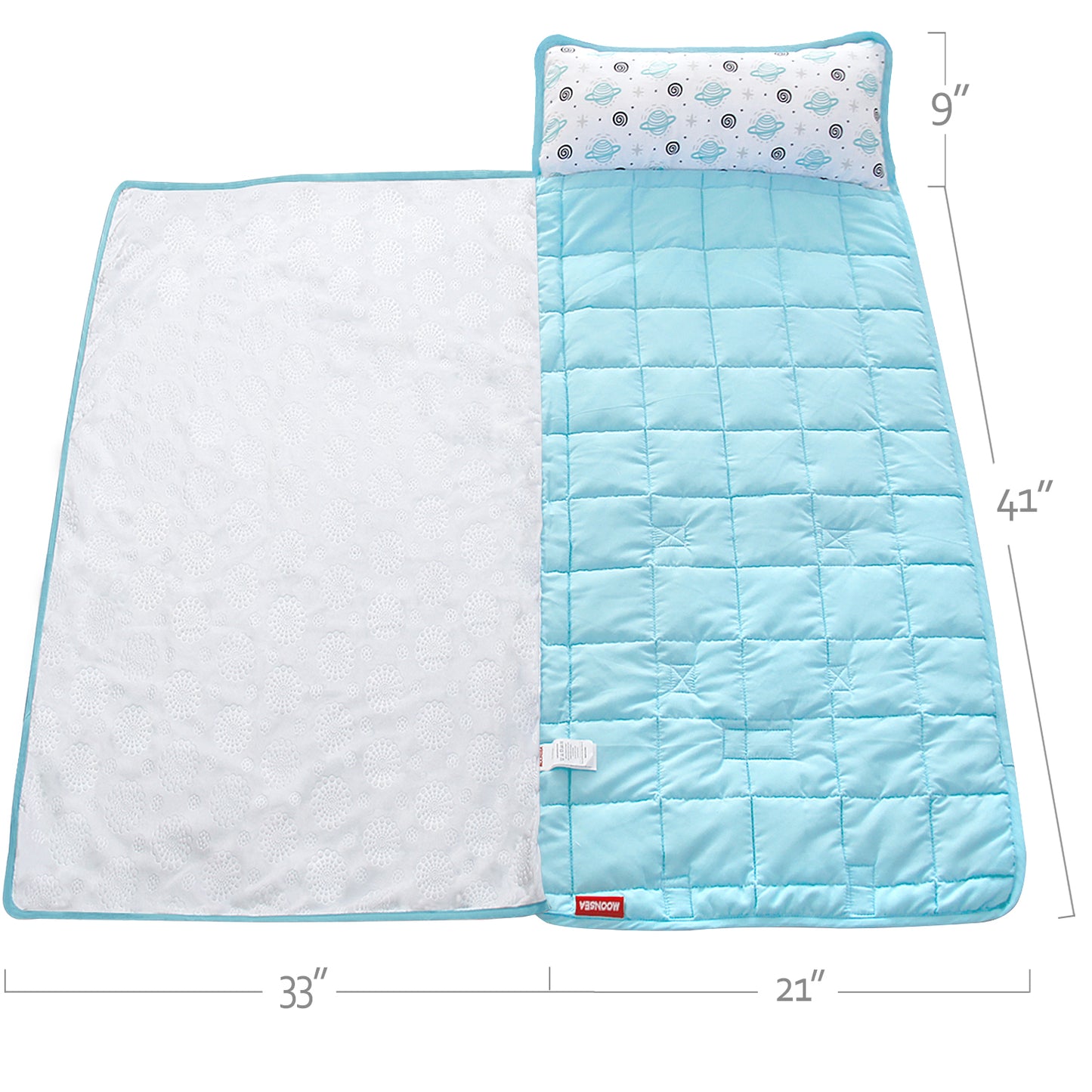 Toddler Nap Mat- Removable Pillow and Fleece Minky Blanket, 21" x 50", Planet