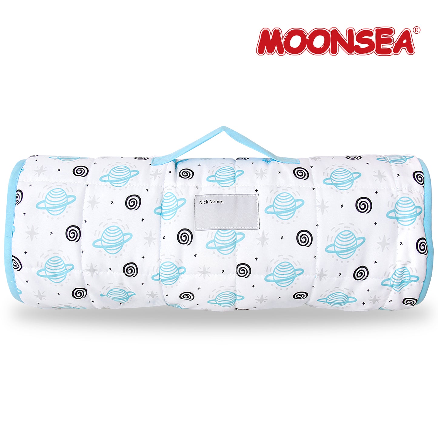 Toddler Nap Mat- Removable Pillow and Fleece Minky Blanket, 21" x 50", Planet