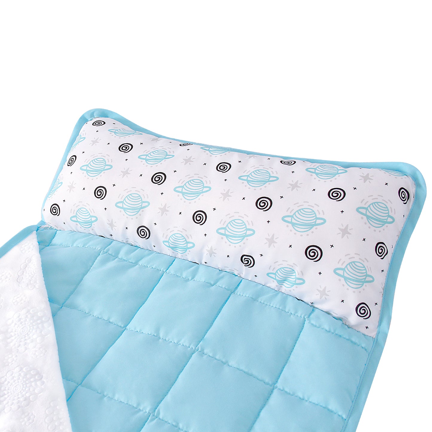 Toddler Nap Mat- Removable Pillow and Fleece Minky Blanket, 21" x 50", Planet