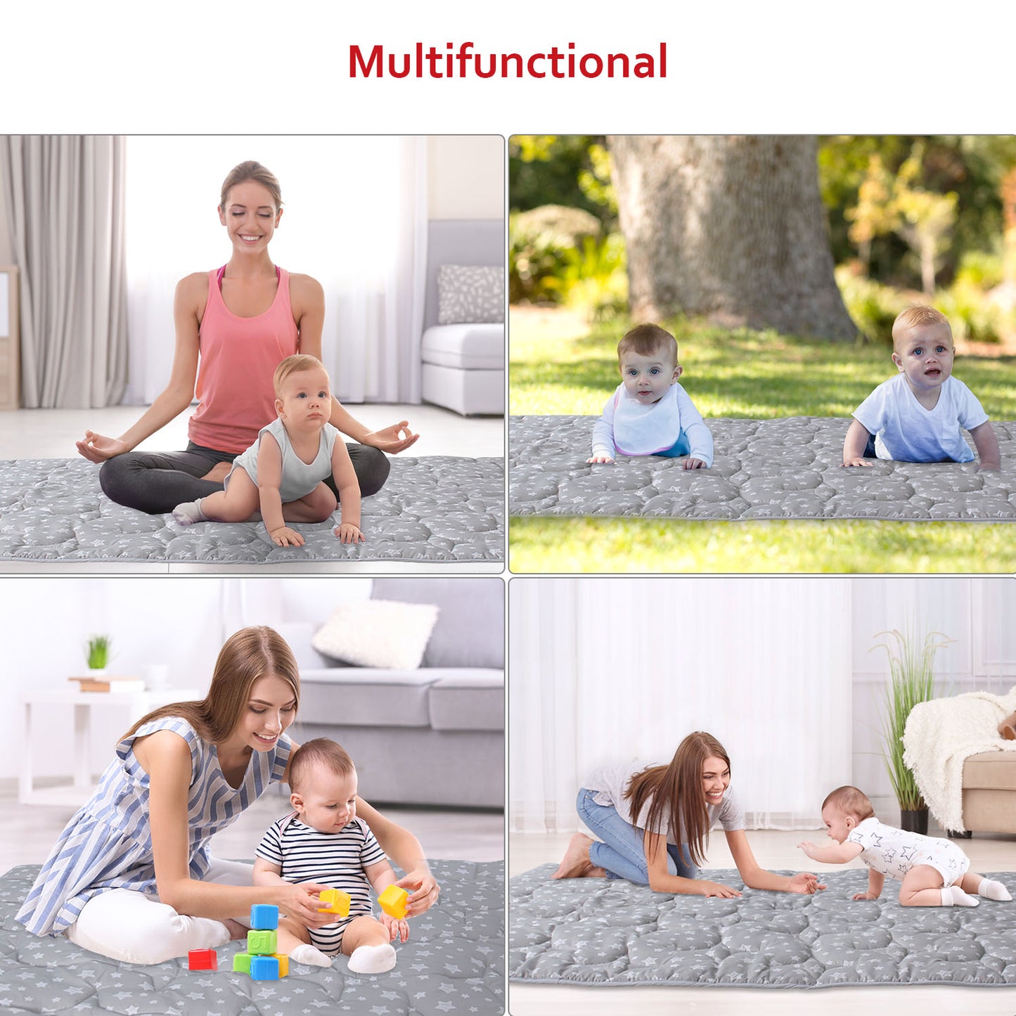 Baby Play Mat | Playpen Mat - 78.5" x 55", Large Padded Tummy Time Activity Mat for Infant & Toddler, Grey Star
