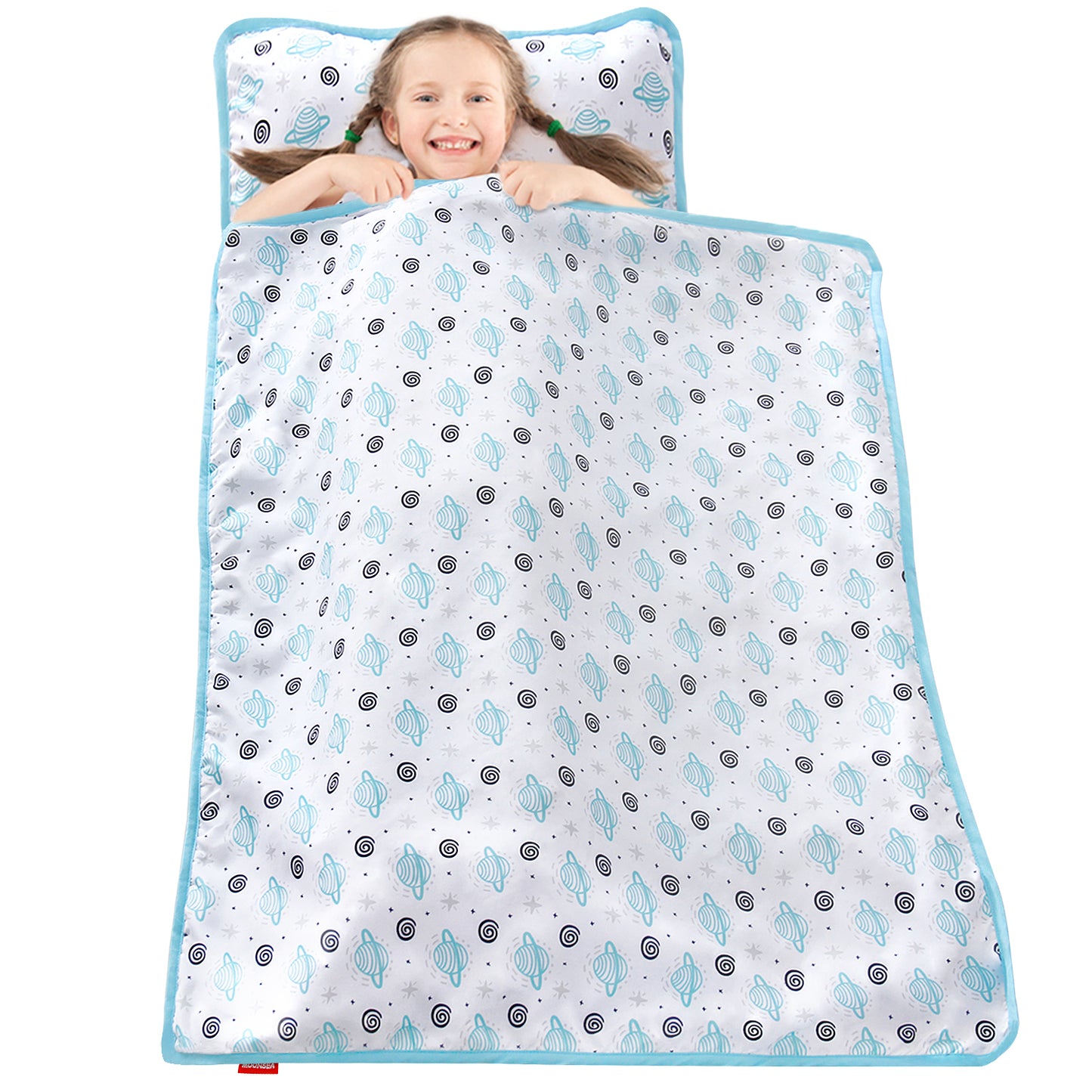 Toddler Nap Mat- Removable Pillow and Fleece Minky Blanket, 21" x 50", Planet