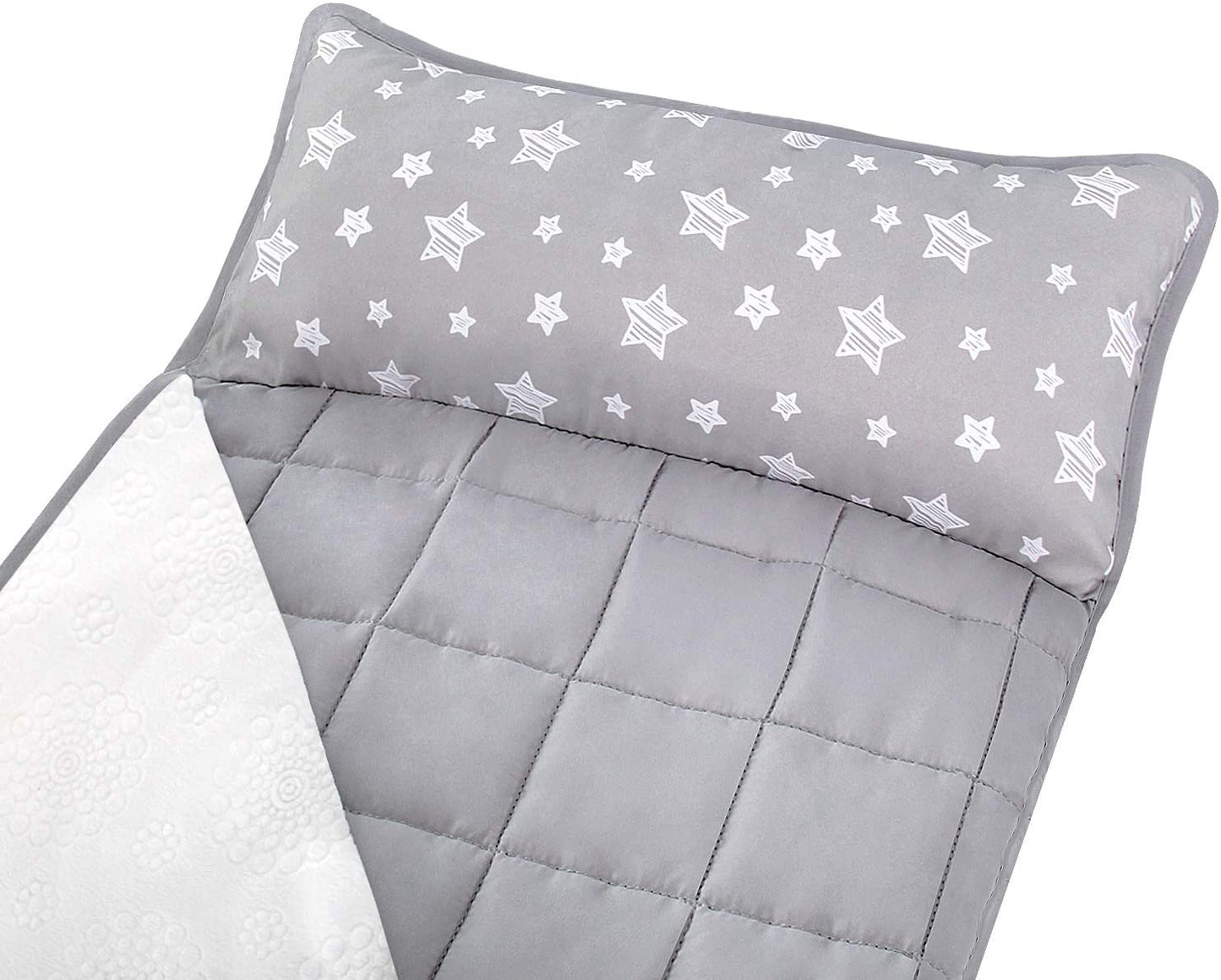 Toddler Nap Mat- Pillow And Fleece Minky Blanket, 21''x50'', Grey Star