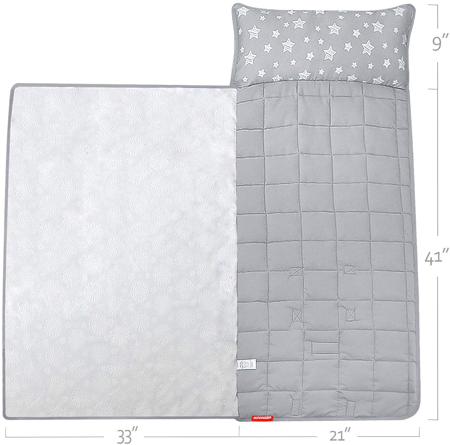 Toddler Nap Mat- Removable Pillow And Fleece Minky Blanket, 21''x50'', Grey Star