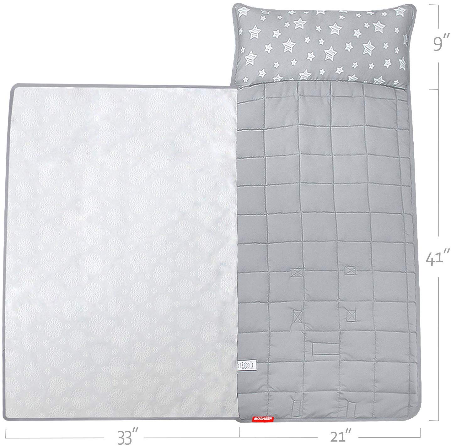 Toddler Nap Mat- Pillow And Fleece Minky Blanket, 21''x50'', Grey Star