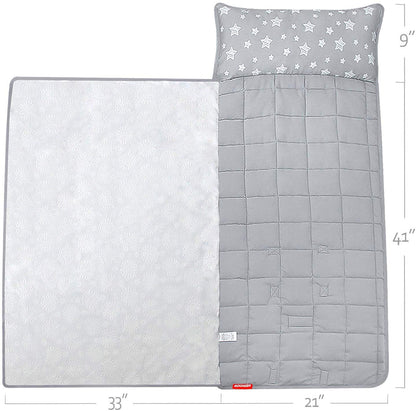 Toddler Nap Mat- Pillow And Fleece Minky Blanket, 21''x50'', Grey Star