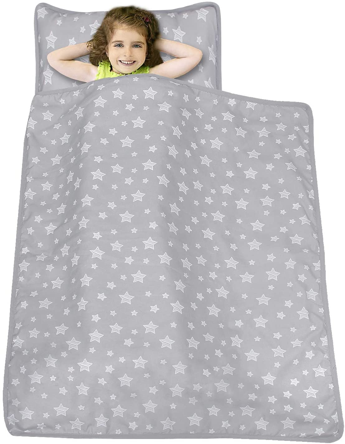 Toddler Nap Mat- Pillow And Fleece Minky Blanket, 21''x50'', Grey Star