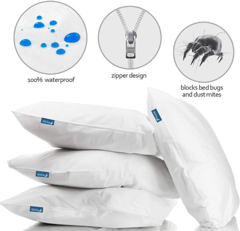 Pillow Protector Zippered- 4 Pack White, Waterproof, Hypoallergenic